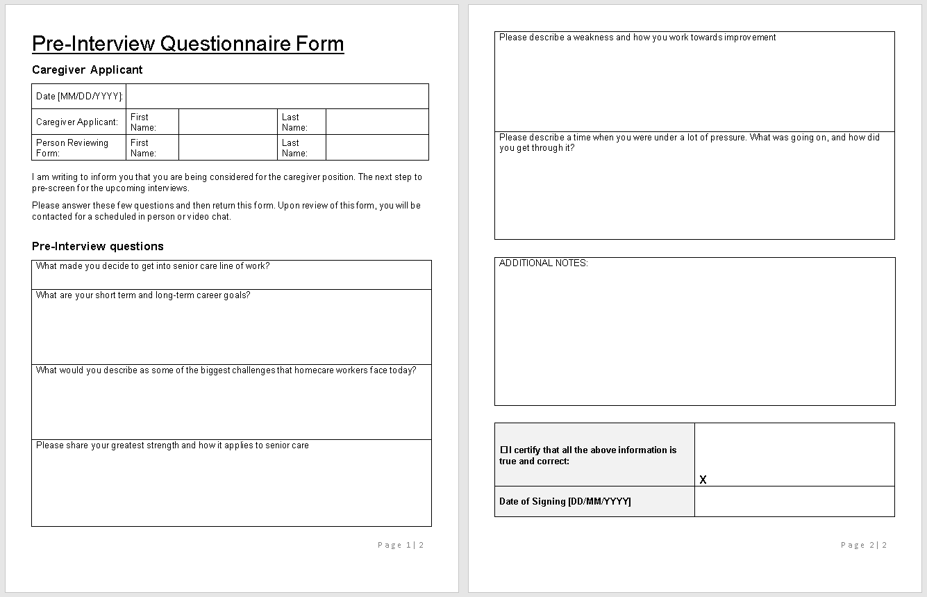 Pre-Interview Questionnaire Form Template-preview-Hire Private-wise caregiving